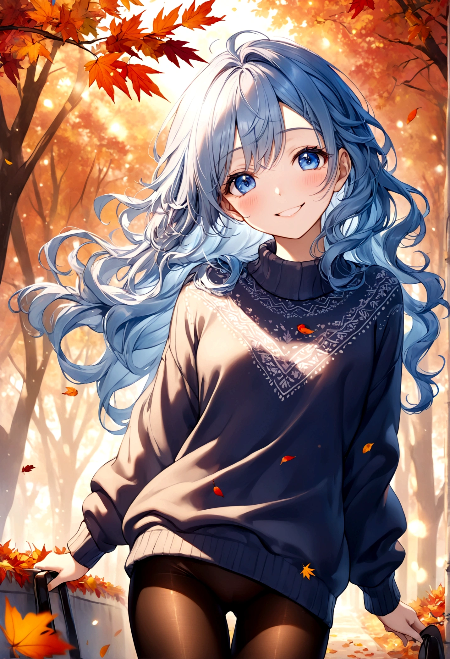 ((top-quality)), ((​masterpiece)), ((ultra-detailliert)), (extremely delicate and beautiful), beautiful woman, bright light blue hair, long wavy hair, sapphire blue eyes, cozy sweater, sheer black pantyhose, sweet smile, relaxed expression, fair complexion, autumn background