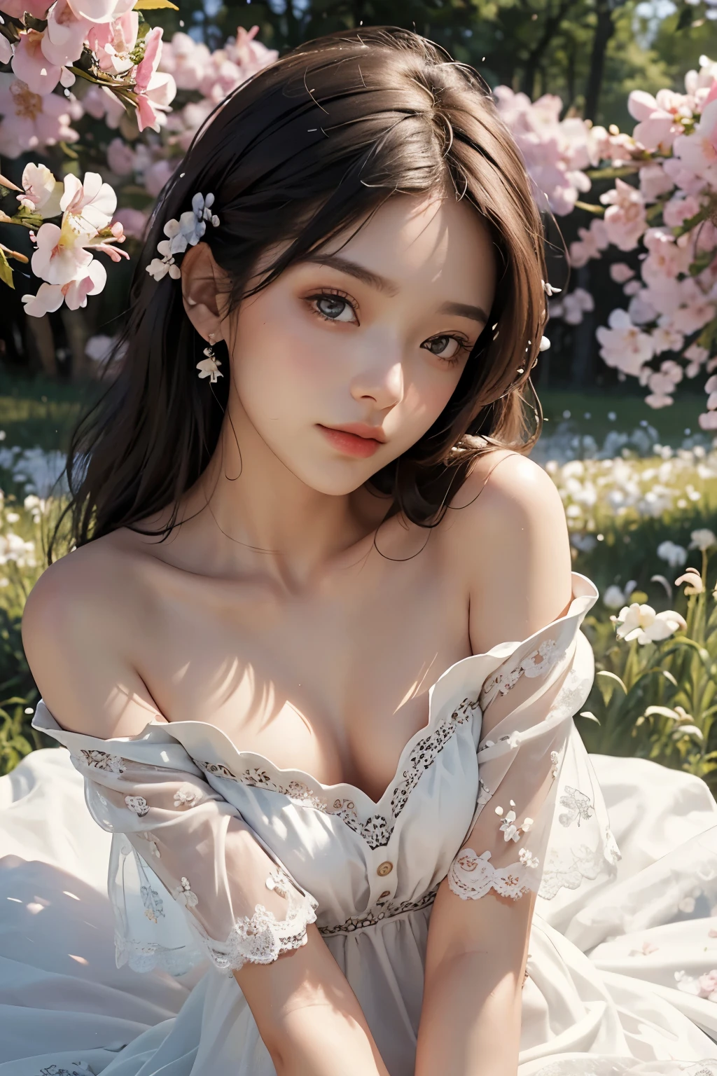 best quality, masterpiece, Ultra-high resolution, (Reality:1.4), RAW photos, 1 Girl, White Dress, Off-shoulder, Blossom flower field, Radiant Skin, A faint smile