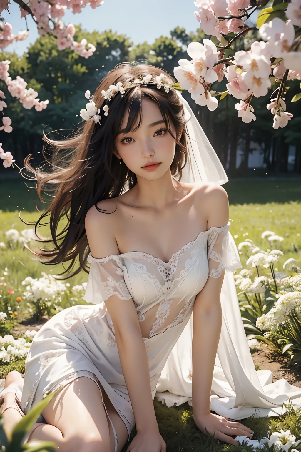 best quality, masterpiece, Ultra-high resolution, (Reality:1.4), RAW photos, 1 Girl, White Dress, Off-shoulder, Blossom flower field, Radiant Skin, A faint smile