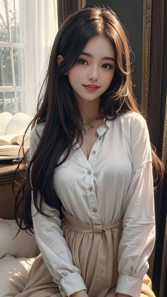 (RAW photos, best quality),(A girl with a literary atmosphere),Extremely refined, Astonishing, Fine details, masterpiece, Extremely detailed,high resolution,Long hair,Messy hair,(Soft lighting:1.4),(Smile)，bay