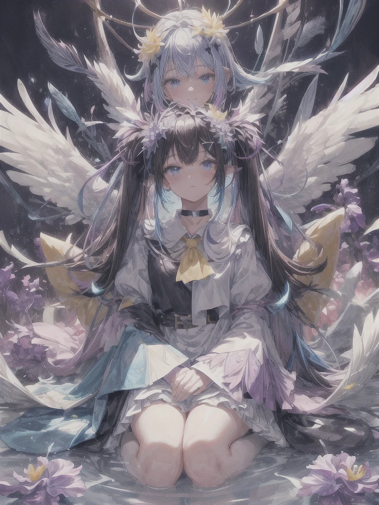 pretty, anime, pastel, neon, vtuber-fullbody vtuber-halfbody, kawaii Masterpiece, young woman, sitting down, parted lips, black eyes, fluffy curly hair, bangs, ahoge, light brown hair, rosy cheeks, short sleeve, black and purple dress, puffy sleeves, black gloves, purple ribbons, ((faded iris)), myceliumtech, scifi, Mycelia, spongy, PsychedelicMasterpiece, ((Faded iris)), flowers, smile, water effect, ahoge, looking up, upper view, yuki miku, very long blue hair, twintails, hair ornament, blue eyes, kawaii looking upupper viewhair ornament(masterpiece:1.2), (hires:1.2), (better hands:1.2), beautiful hands, perfect anatomy, holding star, 1boy, antenna hair, choker, white jacket, shoulder-belt, collared shirt, ear piercing, chain earrings, gradient, stars hair ornament, male focus, multicolored hair, purple hair, yellow strands, yellow necktie, (eye1 purple, eye2 yellow, heterochromia), starlight, starMasterpiece, young girl, white hair, fluffy hair, ahoge, medium length hair, bird feathers, sky, jungle, feather ears, white bird wings, vibrant colors, flowers, flower crown, leaves, white silk dress, detailed sleeves, strewn plants, hair over eyes, butterfly style, more_details:-1, more_details:0, more_details:0.5, more_details:1, more_details:1.5, (((ultra detailed))), softcore, kawaii, 