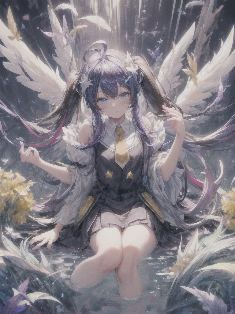pretty, anime, pastel, neon, vtuber-fullbody vtuber-halfbody, kawaii Masterpiece, young woman, sitting down, parted lips, black eyes, fluffy curly hair, bangs, ahoge, light brown hair, rosy cheeks, short sleeve, black and purple dress, puffy sleeves, black gloves, purple ribbons, ((faded iris)), myceliumtech, scifi, Mycelia, spongy, PsychedelicMasterpiece, ((Faded iris)), flowers, smile, water effect, ahoge, looking up, upper view, yuki miku, very long blue hair, twintails, hair ornament, blue eyes, kawaii looking upupper viewhair ornament(masterpiece:1.2), (hires:1.2), (better hands:1.2), beautiful hands, perfect anatomy, holding star, 1boy, antenna hair, choker, white jacket, shoulder-belt, collared shirt, ear piercing, chain earrings, gradient, stars hair ornament, male focus, multicolored hair, purple hair, yellow strands, yellow necktie, (eye1 purple, eye2 yellow, heterochromia), starlight, starMasterpiece, young girl, white hair, fluffy hair, ahoge, medium length hair, bird feathers, sky, jungle, feather ears, white bird wings, vibrant colors, flowers, flower crown, leaves, white silk dress, detailed sleeves, strewn plants, hair over eyes, butterfly style, more_details:-1, more_details:0, more_details:0.5, more_details:1, more_details:1.5, (((ultra detailed))), softcore, kawaii,