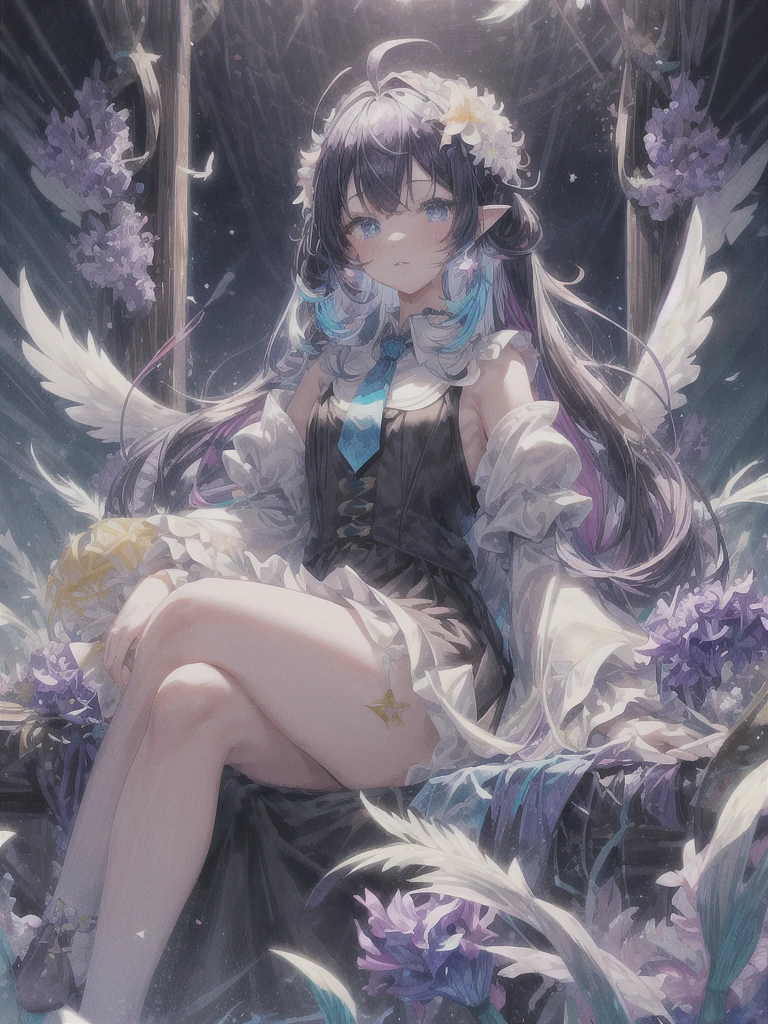 pretty, anime, pastel, neon, vtuber-fullbody vtuber-halfbody, kawaii Masterpiece, young woman, sitting down, parted lips, black eyes, fluffy curly hair, bangs, ahoge, light brown hair, rosy cheeks, short sleeve, black and purple dress, puffy sleeves, black gloves, purple ribbons, ((faded iris)), myceliumtech, scifi, Mycelia, spongy, PsychedelicMasterpiece, ((Faded iris)), flowers, smile, water effect, ahoge, looking up, upper view, yuki miku, very long blue hair, twintails, hair ornament, blue eyes, kawaii looking upupper viewhair ornament(masterpiece:1.2), (hires:1.2), (better hands:1.2), beautiful hands, perfect anatomy, holding star, 1boy, antenna hair, choker, white jacket, shoulder-belt, collared shirt, ear piercing, chain earrings, gradient, stars hair ornament, male focus, multicolored hair, purple hair, yellow strands, yellow necktie, (eye1 purple, eye2 yellow, heterochromia), starlight, starMasterpiece, young girl, white hair, fluffy hair, ahoge, medium length hair, bird feathers, sky, jungle, feather ears, white bird wings, vibrant colors, flowers, flower crown, leaves, white silk dress, detailed sleeves, strewn plants, hair over eyes, butterfly style, more_details:-1, more_details:0, more_details:0.5, more_details:1, more_details:1.5, (((ultra detailed))), softcore, kawaii, 