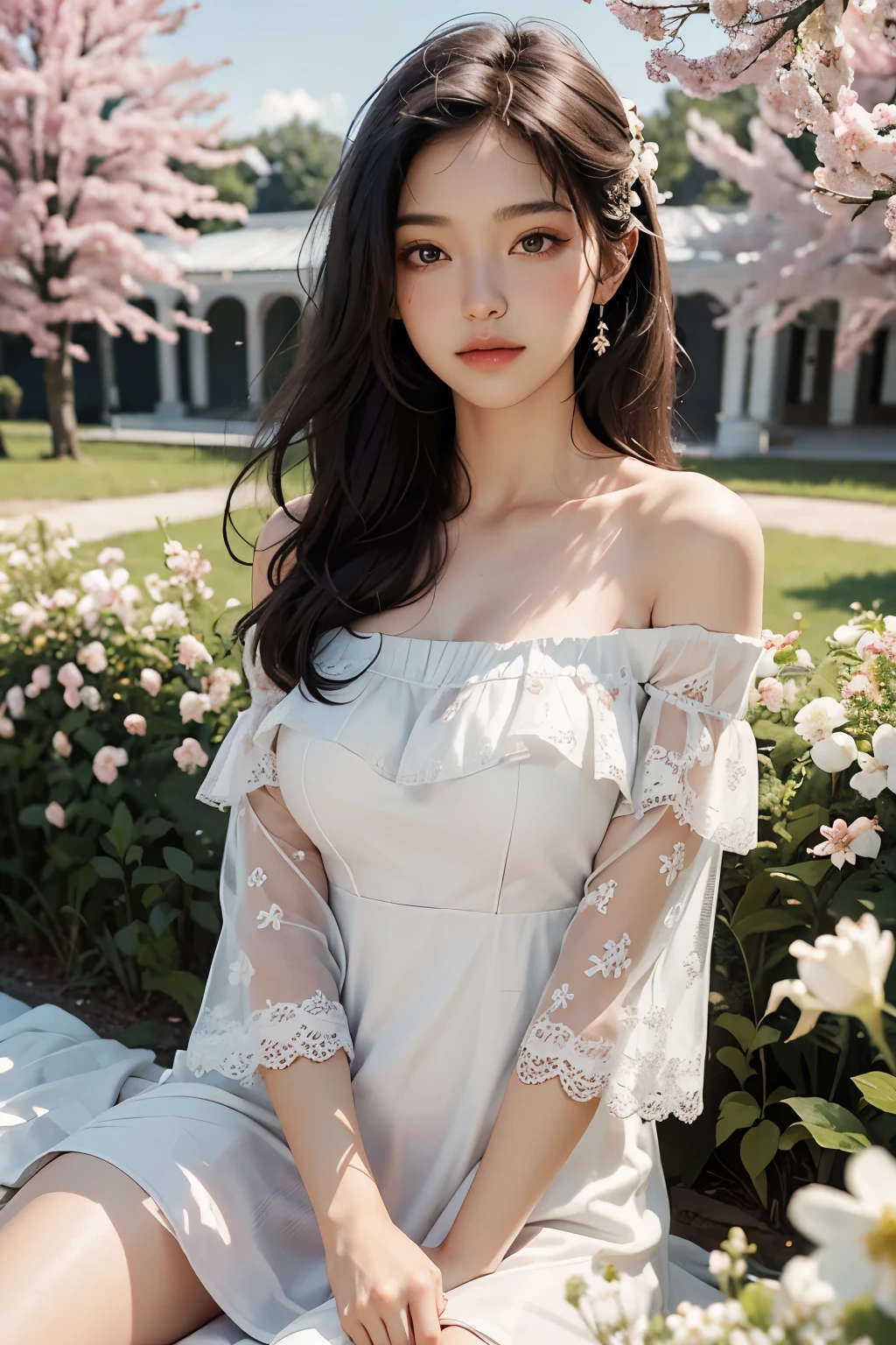 best quality, masterpiece, Ultra-high resolution, (Reality:1.4), RAW photos, 1 Girl, White Dress, Off-shoulder, Blossom flower field, Radiant Skin, A faint smile