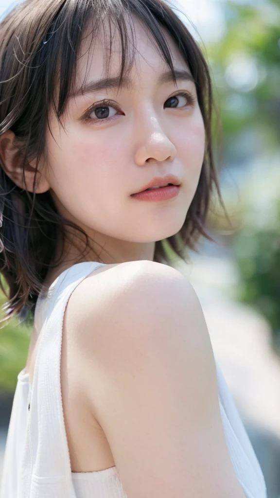 (((Ultra-high resolution、Close-up、Cute Japanese Woman)))、Long, straight black hair frames her face、So that every single hair is clearly visible、Depicts subtle color changes depending on the amount of light hitting the subject、The skin is white and smooth、Has a natural glow、Fine skin texture、Representing the fine details of pores、amountや頬に薄い赤みがある部分を詳細に、The eyes are almond-shaped and dark brown.、Fine details of the iris、Depicts color gradations and patterns、Long, natural-looking eyelashes, each and every one visible、Well-groomed eyebrows、indivual々The hair is clearly visible、Light reflects off into the eyes、Create small highlights、noseは繊細で、nose孔の細かいディテールがある、Lips are plump and naturally pink、Depicts the fine lines and soft curves of the lips、Shiny、Accentuate the shape、Detailed depiction of lip texture、Particular attention to the depiction of light and shadow、Soft natural light gently illuminates the face from the front、amount、nose、Creates a subtle glow on the cheeks、Shadows are cast softly along the contours of the face、cheekbone、Jaw Curve、noseの側面を強調、The gloss of her lips reflects the light faintly.、Emphasizes plump texture、The shadow of the hair adds depth and dimension.、indivual々The hair shines in the light、The background is simple and blurred.、Focus on the face、In the highest quality、Representing the utmost detail