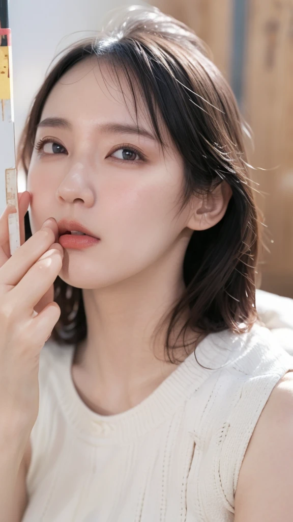 (((Ultra-high resolution、Close-up、Cute Japanese Woman)))、Long, straight black hair frames her face、So that every single hair is clearly visible、Depicts subtle color changes depending on the amount of light hitting the subject、The skin is white and smooth、Has a natural glow、Fine skin texture、Representing the fine details of pores、amountや頬に薄い赤みがある部分を詳細に、The eyes are almond-shaped and dark brown.、Fine details of the iris、Depicts color gradations and patterns、Long, natural-looking eyelashes, each and every one visible、Well-groomed eyebrows、indivual々The hair is clearly visible、Light reflects off into the eyes、Create small highlights、noseは繊細で、nose孔の細かいディテールがある、Lips are plump and naturally pink、Depicts the fine lines and soft curves of the lips、Shiny、Accentuate the shape、Detailed depiction of lip texture、Particular attention to the depiction of light and shadow、Soft natural light gently illuminates the face from the front、amount、nose、Creates a subtle glow on the cheeks、Shadows are cast softly along the contours of the face、cheekbone、Jaw Curve、noseの側面を強調、The gloss of her lips reflects the light faintly.、Emphasizes plump texture、The shadow of the hair adds depth and dimension.、indivual々The hair shines in the light、The background is simple and blurred.、Focus on the face、In the highest quality、Representing the utmost detail
