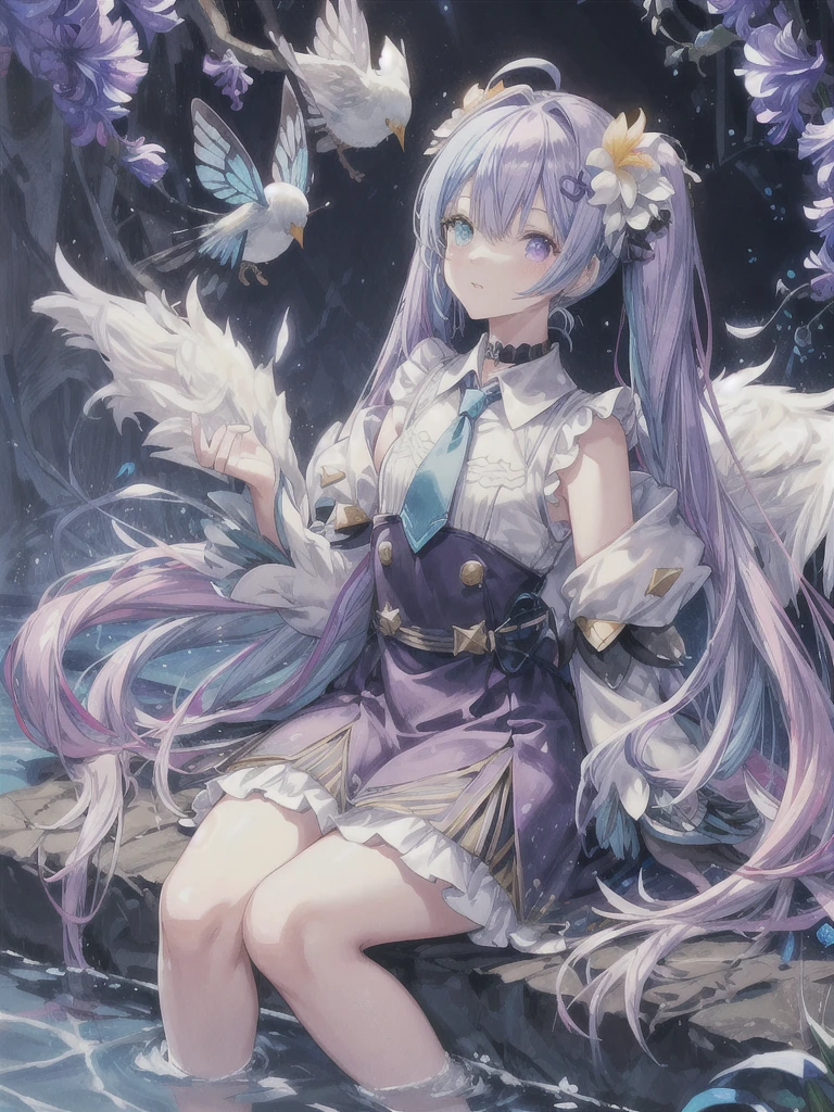pretty, anime, pastel, neon, vtuber-fullbody vtuber-halfbody, kawaii Masterpiece, young woman, sitting down, parted lips, black eyes, fluffy curly hair, bangs, ahoge, light brown hair, rosy cheeks, short sleeve, black and purple dress, puffy sleeves, black gloves, purple ribbons, ((faded iris)), myceliumtech, scifi, Mycelia, spongy, PsychedelicMasterpiece, ((Faded iris)), flowers, smile, water effect, ahoge, looking up, upper view, yuki miku, very long blue hair, twintails, hair ornament, blue eyes, kawaii looking upupper viewhair ornament(masterpiece:1.2), (hires:1.2), (better hands:1.2), beautiful hands, perfect anatomy, holding star, 1boy, antenna hair, choker, white jacket, shoulder-belt, collared shirt, ear piercing, chain earrings, gradient, stars hair ornament, male focus, multicolored hair, purple hair, yellow strands, yellow necktie, (eye1 purple, eye2 yellow, heterochromia), starlight, starMasterpiece, young girl, white hair, fluffy hair, ahoge, medium length hair, bird feathers, sky, jungle, feather ears, white bird wings, vibrant colors, flowers, flower crown, leaves, white silk dress, detailed sleeves, strewn plants, hair over eyes, butterfly style, more_details:-1, more_details:0, more_details:0.5, more_details:1, more_details:1.5, (((ultra detailed))), softcore, kawaii,