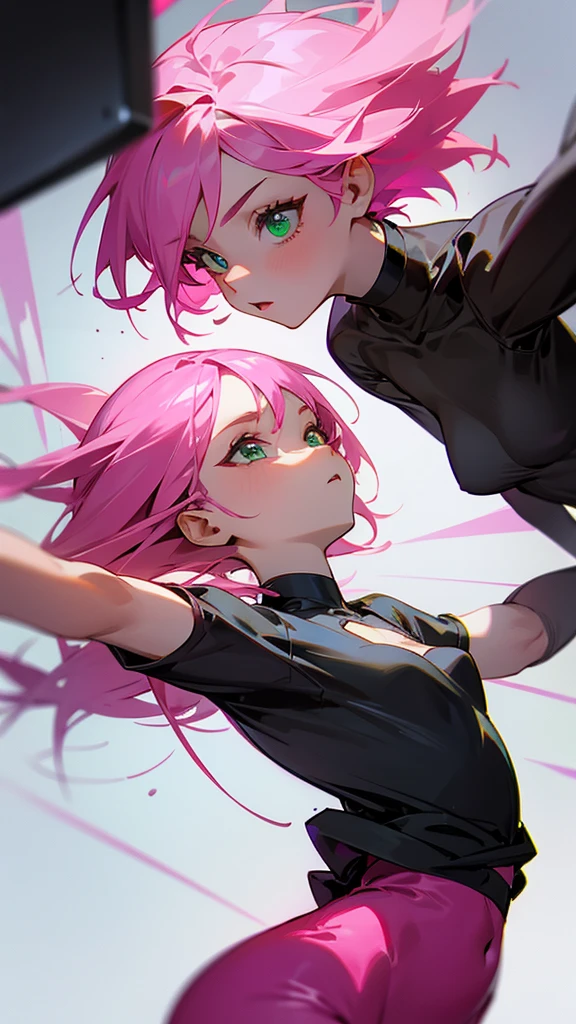 Small woman pink hair green eyes 