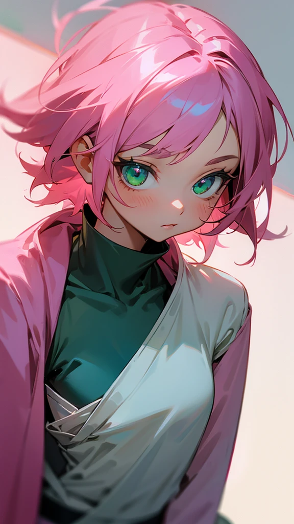 Small woman pink hair green eyes