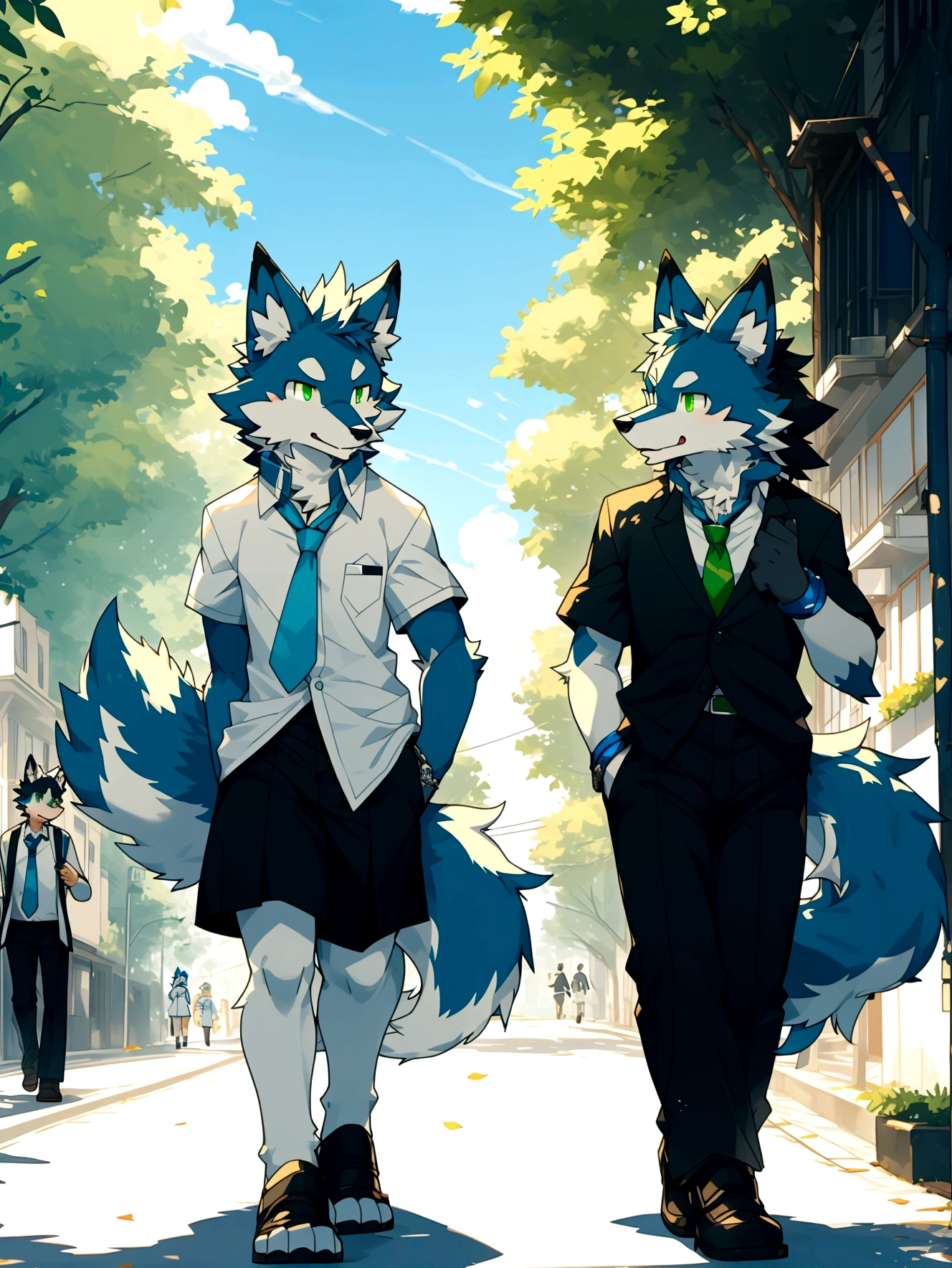 A boy and a boy walking down the street at afternoon,summer,sunny,anthro wolf,black fur,white fur,school uniform,green eyes,blue eyes,wolf tails