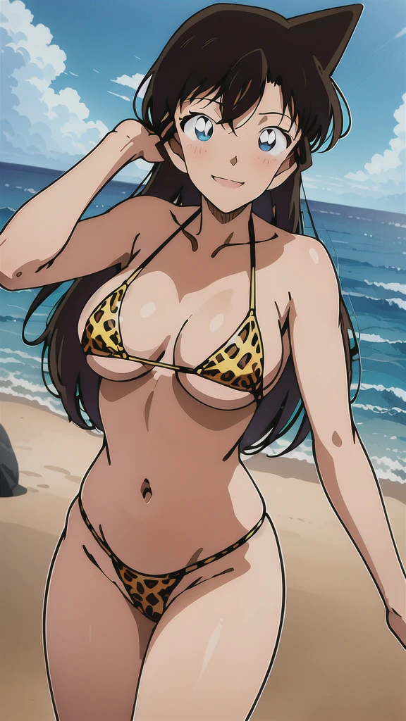 (masterpiece, 4K, Highest quality, anime style: 1.9, Detailed face, Lovely, Ocean,Bold, High resolution, anime, alone, Curvaceous, Thighs, Cleavage, Center of chest, smile, Please open your mouth wide, Very slim belly, Cowboy Shot,Leopard print bikini,1 Girl, Detective Conan,Maorilan,