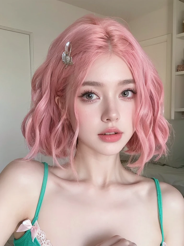 Pink short hair，Natural and beautiful hair，The background is simple and clean