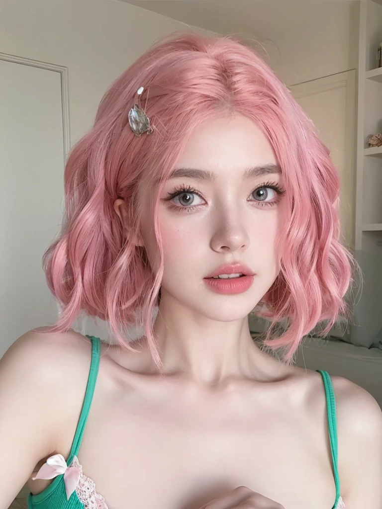 Pink short hair，Natural and beautiful hair，The background is simple and clean