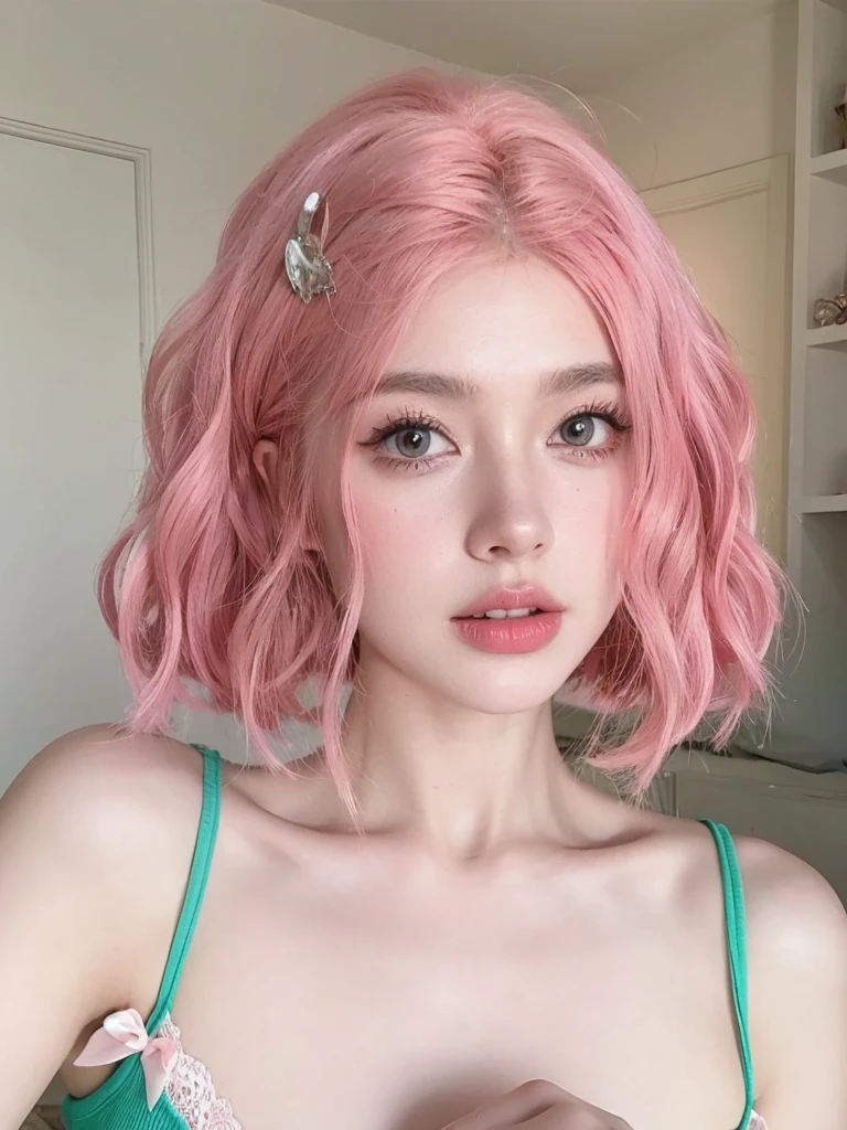 Pink short hair,Natural and beautiful hair,The background is simple and clean