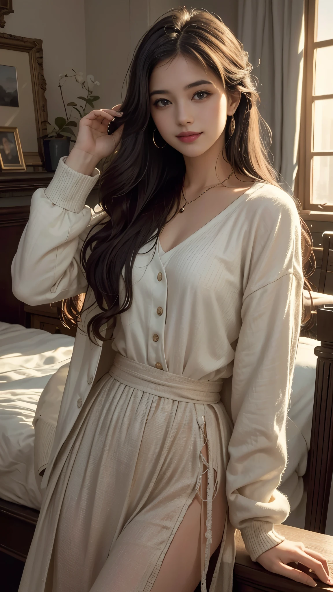 (RAW photos, best quality),(A girl with a literary atmosphere),Extremely refined, Astonishing, Fine details, masterpiece, Extremely detailed,high resolution,Long hair,Messy hair,(Soft lighting:1.4),(Smile),bay