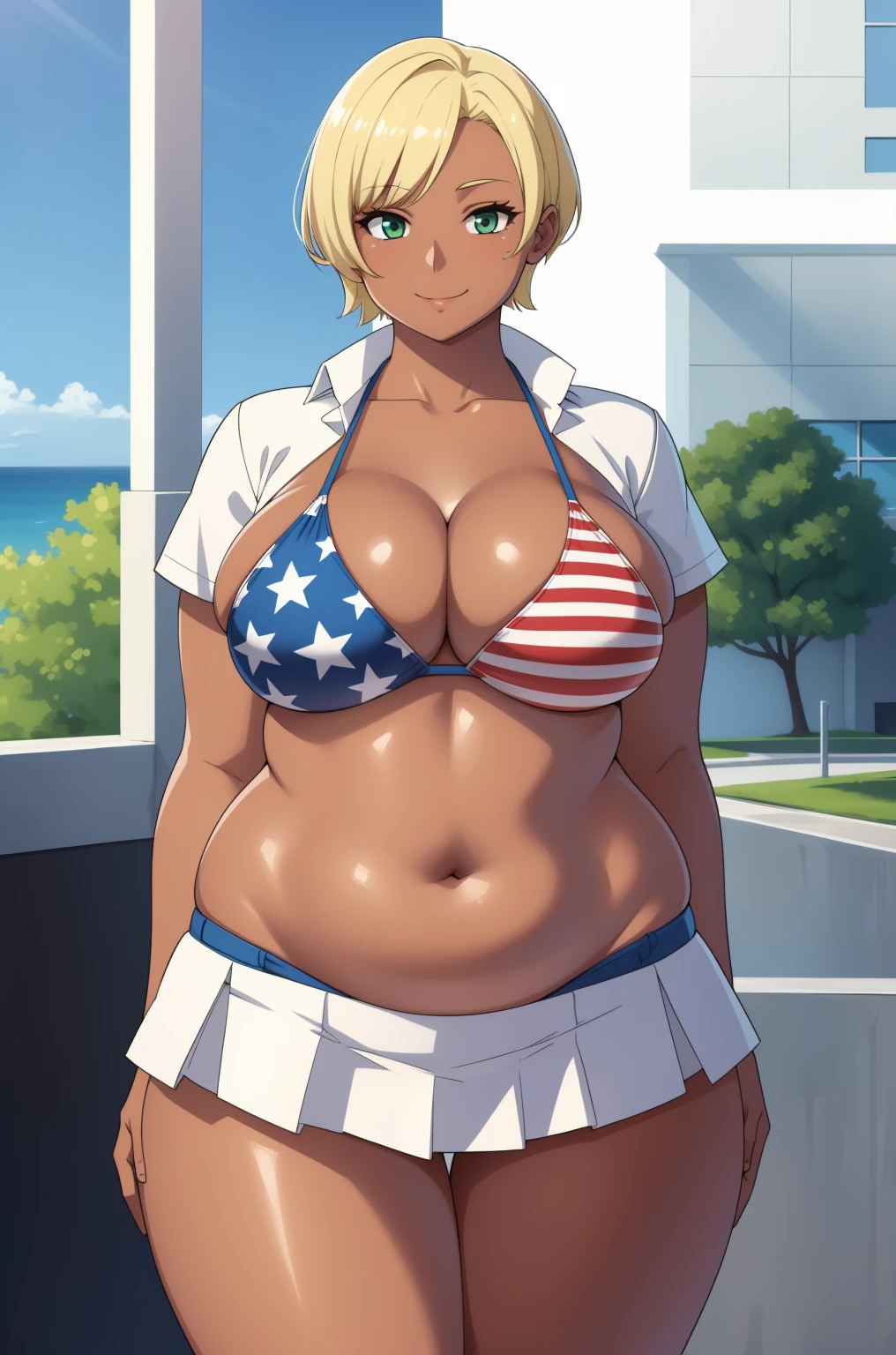 (best quality:1.2), 1girl, (masterpiece:1.2), raytracing, cute face, perfect face, ultra detailed,detailed face, 8k wallpaper, wide hips, MitoIkumi_NDV, 1girl, green eyes, blonde hair, short hair, large breasts, (dark skin, dark-skinned female:1.2), flag print, meat, american flag, american flag bikini, american flag print, skirt, cleavage, white shirt,  outdoor, smile