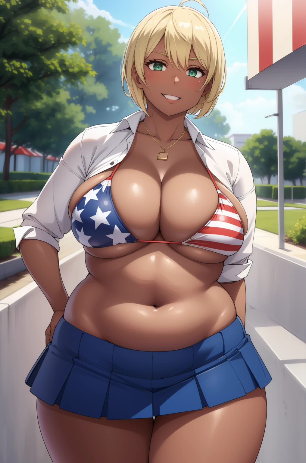 (best quality:1.2), 1girl, (masterpiece:1.2), raytracing, cute face, perfect face, ultra detailed,detailed face, 8k wallpaper, wide hips, MitoIkumi_NDV, 1girl, green eyes, blonde hair, short hair, large , (dark skin, dark-skinned female:1.2), flag print, meat, american flag, american flag bikini, american flag print, skirt, cleavag shirt, outdoor, smile