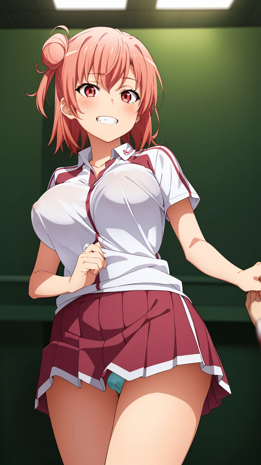 highest quality, High resolution, perfect pixel, Depth of the bounds written, 4k, beautiful anime girl, perfect body,
looking at the viewer,
Yuigahama Yui, 1 girl, short hair, pink hair, hair bun, pink eye,
large breast,
tennis uniform,
cowboy shot,
nsfw, 1boy, 1girl, hetero, cowgirl position, bouncing breasts, {{{man of top}}}, nipple, penis, pussy, vaginal penis, {{{motion lines}}}, {{{vulgarity}}}, motion lines, leaning forward, POV, holding hands, interlocked fingers, ceiling, looking down from below, looking at viewer, evil grin,