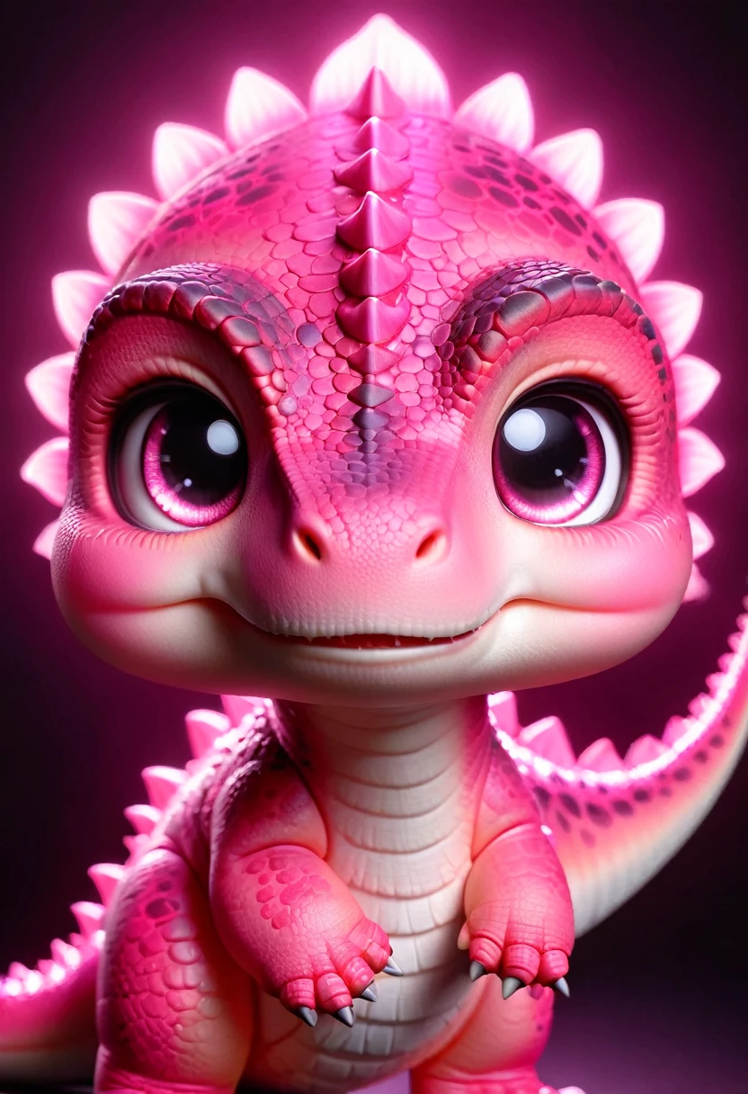 Highest quality、masterpiece、darkness、Black Background、Surreal Posters、Long Shot、Ultra-realistic、A realistic dinosaur that glows pink、Pink T-shirt.Rex、Angry、Bright eyes、Pink Dinosaur、Smiling dinosaur、Fluorescent pink、darknessに浮かぶPink Dinosaur、