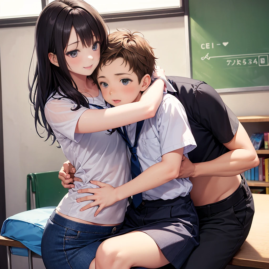 Highest quality,Highest quality,A female  teacher in her 30s and a 6-year-old boy、The her iearing a tight long skirt、The teacher hugs the boy from behind.、Put your hand in your crotch