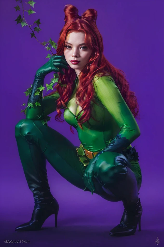 Poison Ivy alone in green latex, long red hair, pink mist, corset, thigh high boots, gloves, night time, black light garden, highly detailed setting, seductive gaze, dominant pose