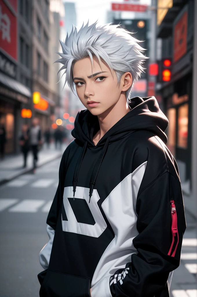 masterpiece, best quality, high quality, 1boy, solo, male focus, looking at viewer, upper body, hitsugaya_toushirou, wearing Streetwear Hoodie, dinamic lighting, blurry background