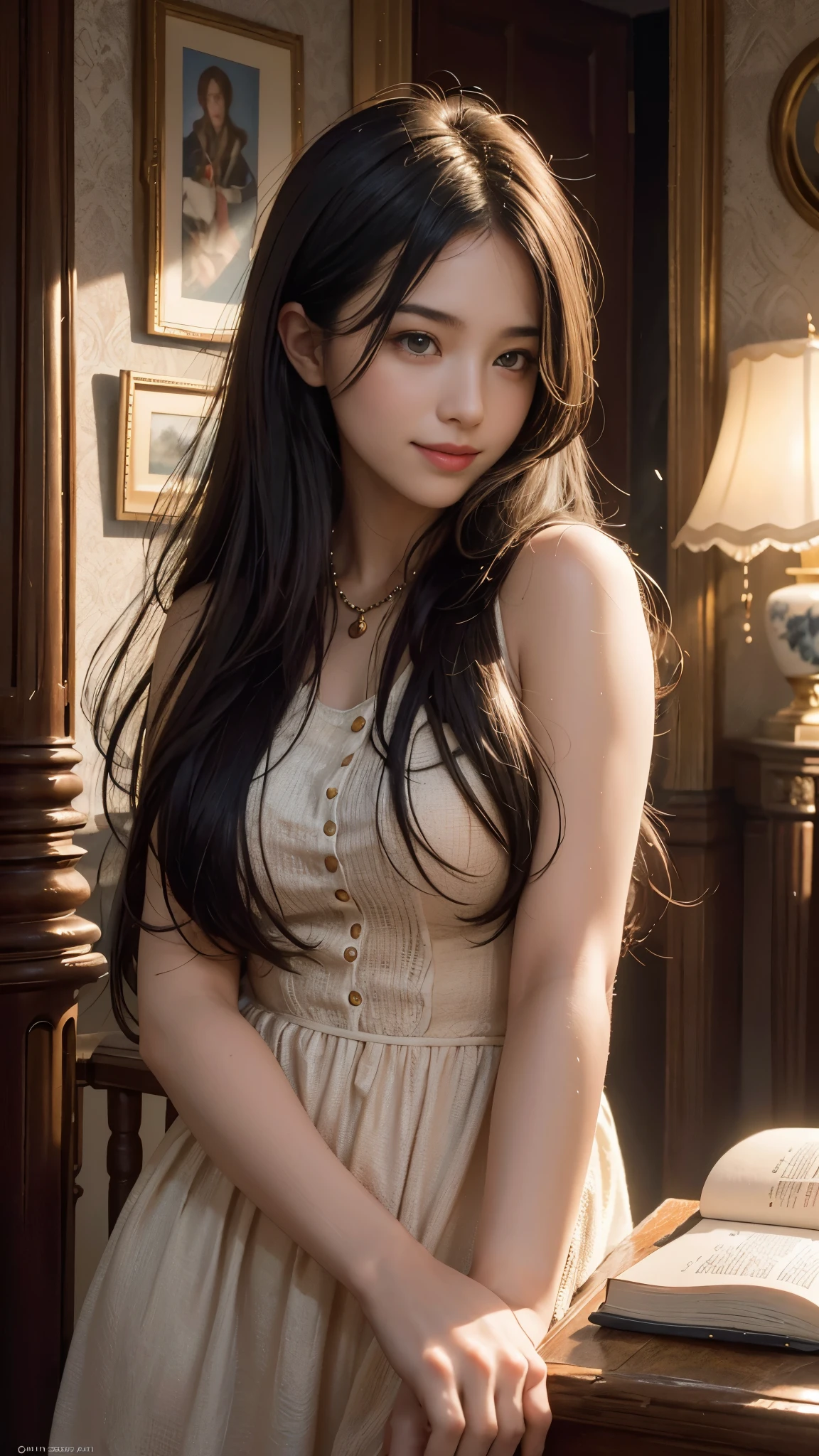 (RAW photos, best quality),(A girl with a literary atmosphere),Extremely refined, Astonishing, Fine details, masterpiece, Extremely detailed,high resolution,Long hair,Messy hair,(Soft lighting:1.4),(Smile),bay