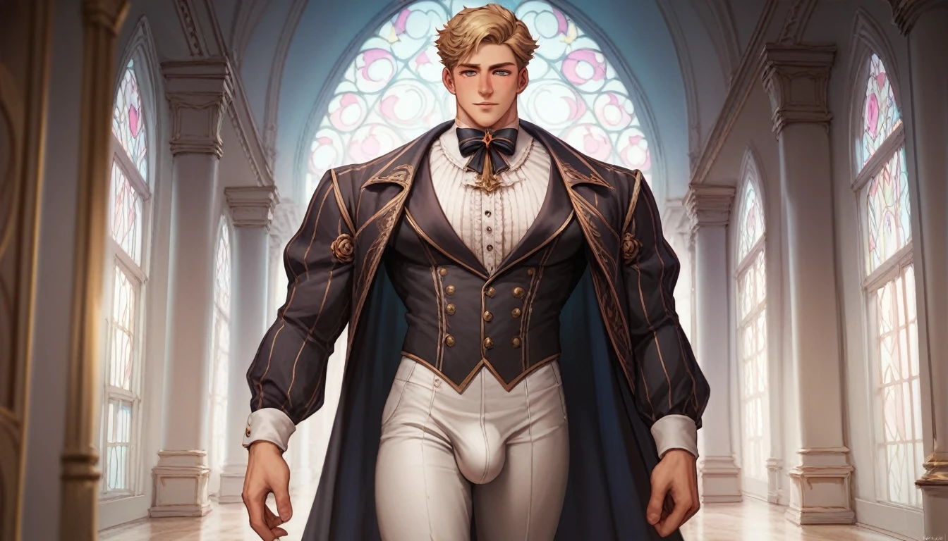 Best quality, masterpiece, intricate details, ethereal ghost of muscular male, wearing victorian clothes, bulge, walking down haunted hallway, gay, homoerotic, best view, manga art style, perfect fingers, no watermark, no logo, no signature