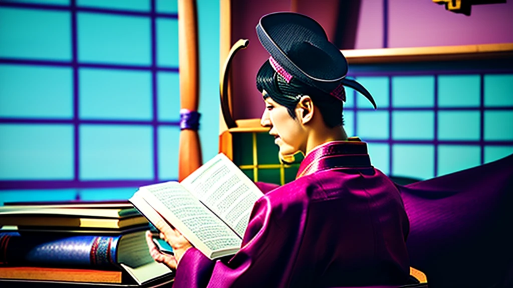 Back view of a japanese man wearing a purple kimono and an old black hat reading an old brown japanese book, centered, scale fit, rule of thirds, (shiny Egyptian ornaments), high resolution, sharp focus, (ultra detailed, highly detailed), (photorealistic artwork: 1.37), (highly detailed CG Unity 8k wallpaper), (((vibrant colors, vibrant theme))), (exquisite), (masterpiece), (best quality), art photography, (photo by sldr), (exquisite background), perfectly rendered face, perfect facial details, realistic face, photorealistic, ((exquisite details)), (((realism))),