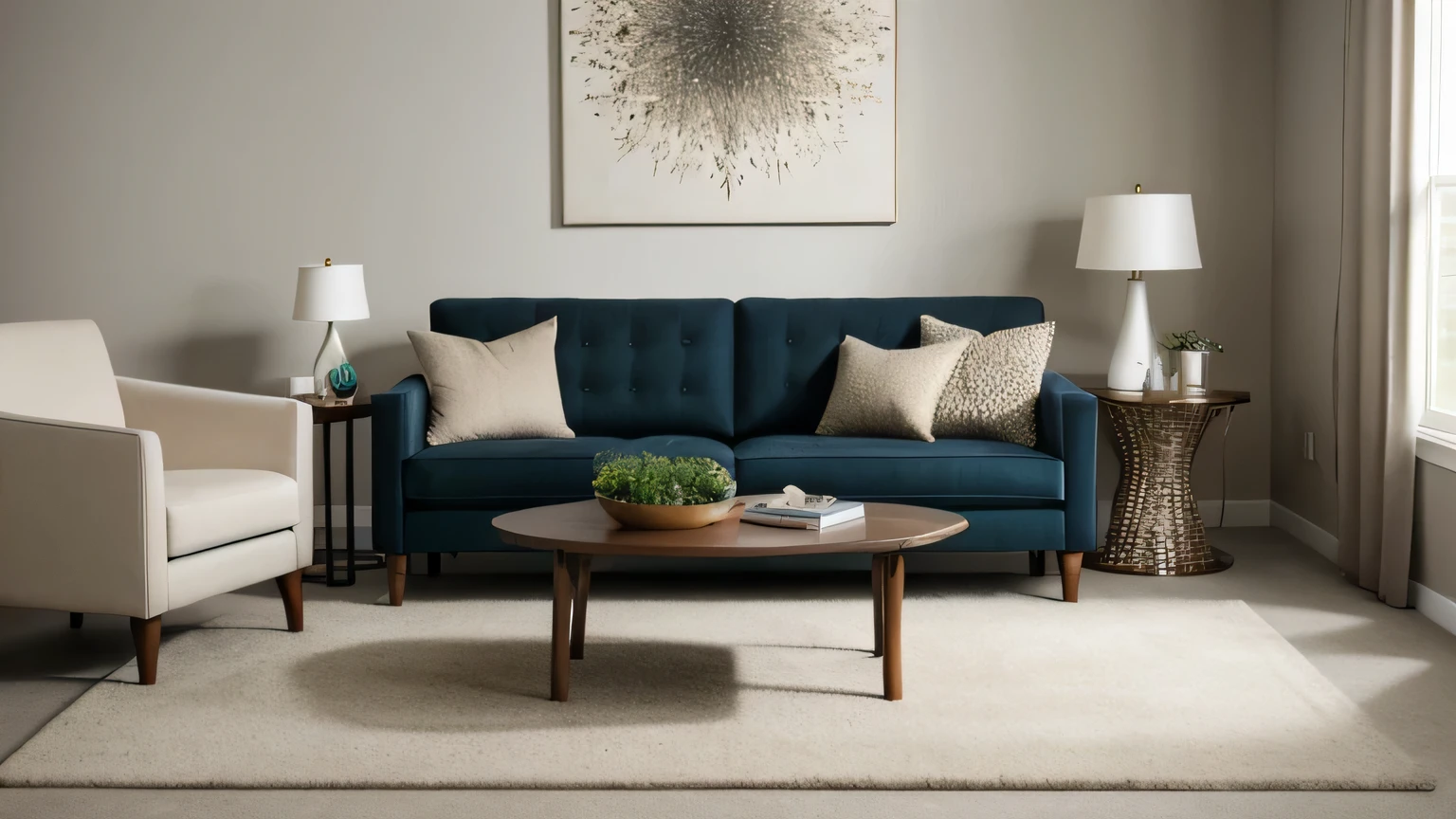 a three-seater sofa,capet,end table,west elm chandelier,armchair,residential interior design project with modrtn organic style,interior decor,crrisp lines,neutral colors,natural textures,backdrop of simplicity,aesthetic,bright environment,realistic,V-RayRenderer,superior quality