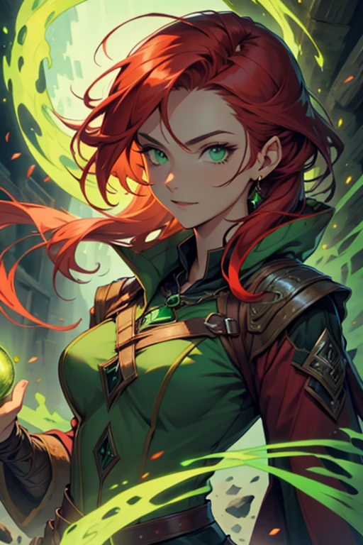 woman, green witch, red hair, green clothes, green eyes, green magic