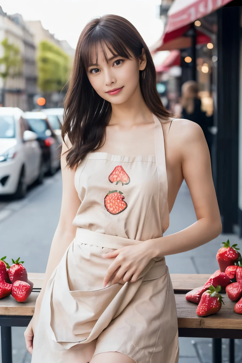 ((On the table:1.4, best quality)), (Photo-realistic:1.4), ((1 Girl)), 
(超high resolution:1.2), Extremely refined, Astonishing, Fine details, Extremely detailed CG unity 8k wallpaper, Extremely detailed, high resolution, Soft Light, 
Beautiful and delicate girl, Extremely detailed的眼睛和脸部, Beautiful and delicate nose, Beautiful and delicate eyes, 
(nude，Wearing a large apron with a strawberry pattern:1.4), Medium Length Hair, Tighten, 
light, Perfect anatomical structure, 
slim body, Standing in front of a trendy café in Paris, (outdoor:1.3), Cute pose, Cowboy shooting