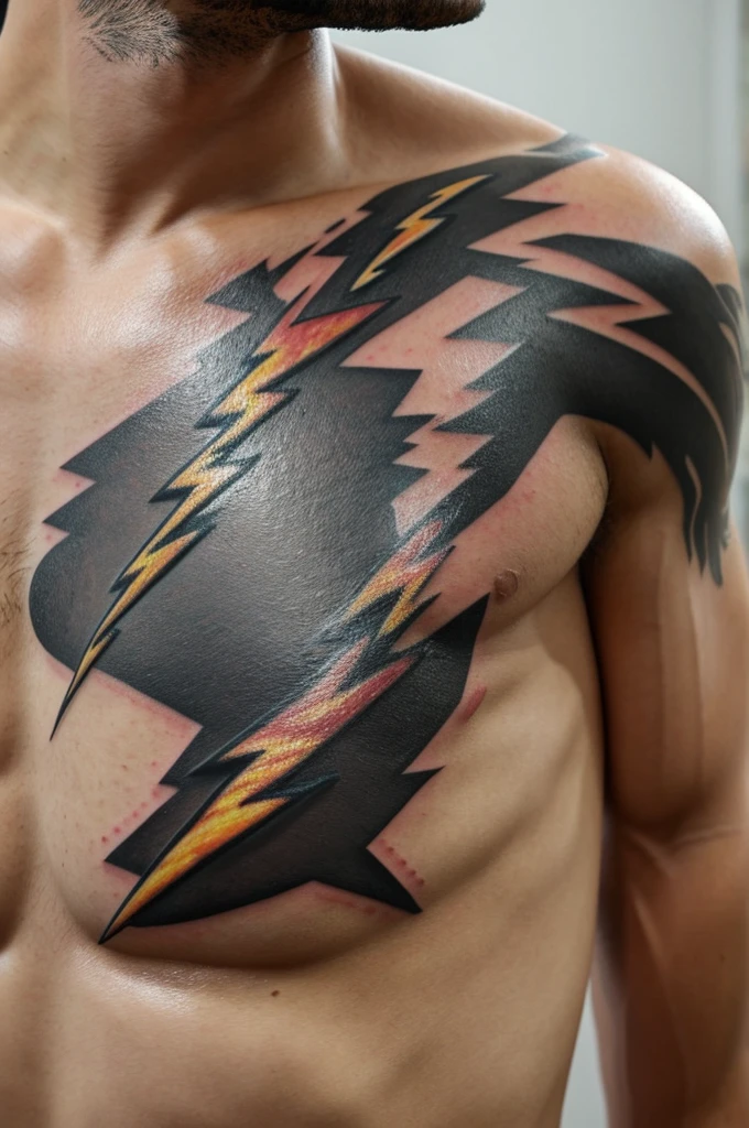 Create a lightning bolt tattoo coming from behind the ear, and run through part of the chest and the entire arm until it ends at the fingers 