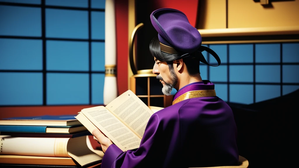 Back view of a japanese man wearing a purple kimono and an old black hat reading an old brown japanese book, centered, scale fit, rule of thirds, (shiny Egyptian ornaments), high resolution, sharp focus, (ultra detailed, highly detailed), (photorealistic artwork: 1.37), (highly detailed CG Unity 8k wallpaper), (((vibrant colors, vibrant theme))), (exquisite), (masterpiece), (best quality), art photography, (photo by sldr), (exquisite background), perfectly rendered face, perfect facial details, realistic face, photorealistic, ((exquisite details)), (((realism))),