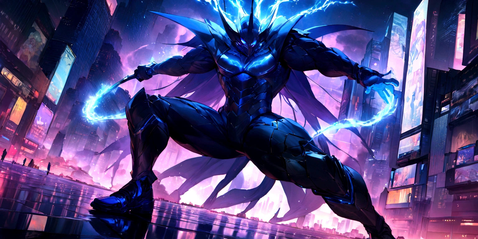 ((masterpiece, Highest quality, Best image quality, High resolution)) A giant masked hunter demon holding a bow and arrow、He holds his bowgun in a dynamic stance.、Glowing blue eyes and advanced cybernetic enhancements. Giant masked demon seen in dynamic action pose, neon, reflection on a smooth surface. The cityscape below is filled with towering skyscrapers., illuminated by colorful holographic advertisements, Shining with blue energy, Mighty power. The overall atmosphere is dark and mysterious., It had a futuristic techno vibe.. The lighting is dramatic, Intense highlights and deep shadows, Creates depth and tension. Color Palette