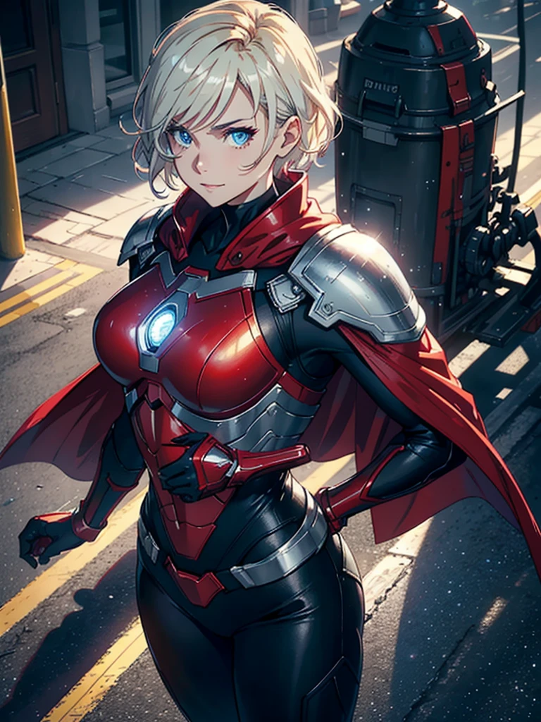 16K, HDR,UHD, RTX, ray tracing, chiaroscuro, best quality, masterpiece, ethereal, perfect illustration, digital artwork, trending on artstation, jaw-dropping perfection, ultra realistic, textured amazing lighting effects, perfect shadows, WLOP, 1girl, beautiful mature edgy woman in a cool long jacket and black pants, superhero suit, stomach covered by clothing, short hair, very short hair, wavy hair, white-blonde hair, blonde hair, highly detailed glowing blue eyes, glowing eyes, blue eyes, beautiful glowy blue eyes, detailed eyes, beautiful face, perfect anatomy, broad shoulders, strong upper-body, modern city, city, beautiful weather, stunning sunshine, sunny, daylight, sunlight, sunlight from above, red cape, daytime, superhero, uplifting, heroic, heroic pose, athletic, hands near hips, glowy eyes, daytime, white and red superhero suit, metallic suit, red lines on suit, metal shoulder-pads, summertime, radiant sunlight, beautiful cityscape, hair blowing in wind, manly shoulders, manly shoulders, very tall, cape, red cape, red hands, long red gloves, red gloves, armoured forearm, armoured shoulder-pads, chrome shoulder-pads, chrome forearm armor, red gloves, smiling