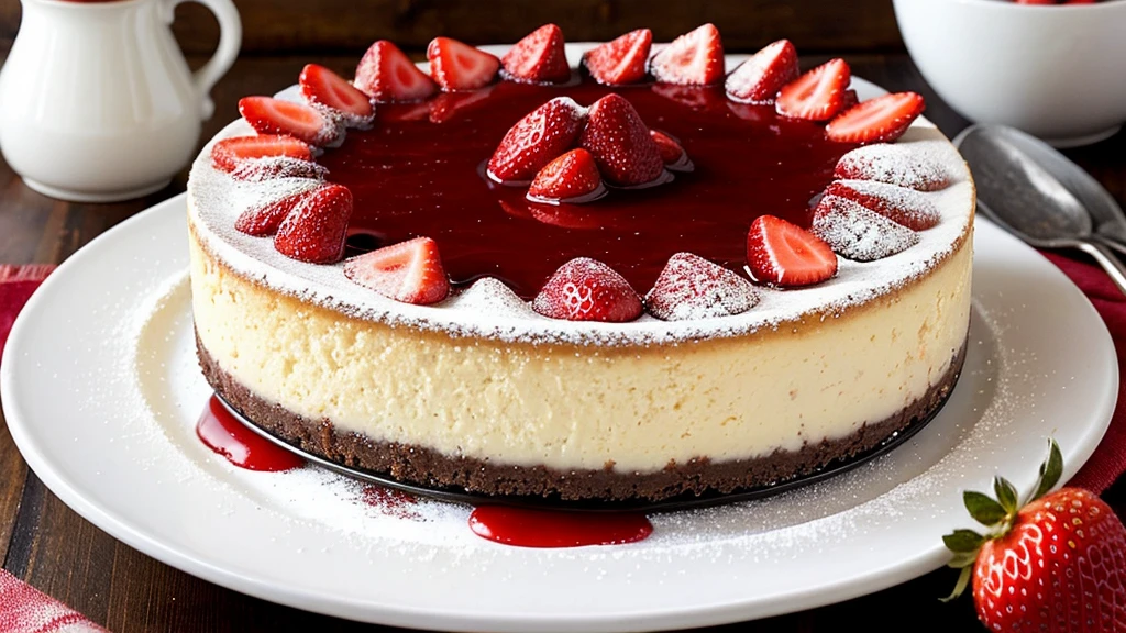 photorealistic image, trending on Pinterest, New York-style cheesecake adorned with a generous layer of strawberry compote and a dusting of powdered sugar