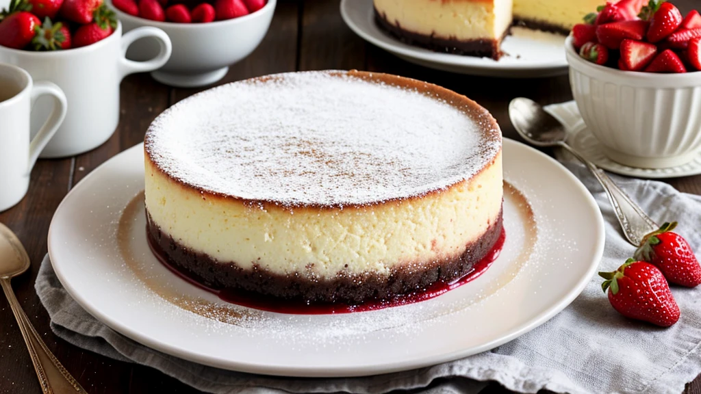 photorealistic image, trending on Pinterest, New York-style cheesecake adorned with a generous layer of strawberry compote and a dusting of powdered sugar