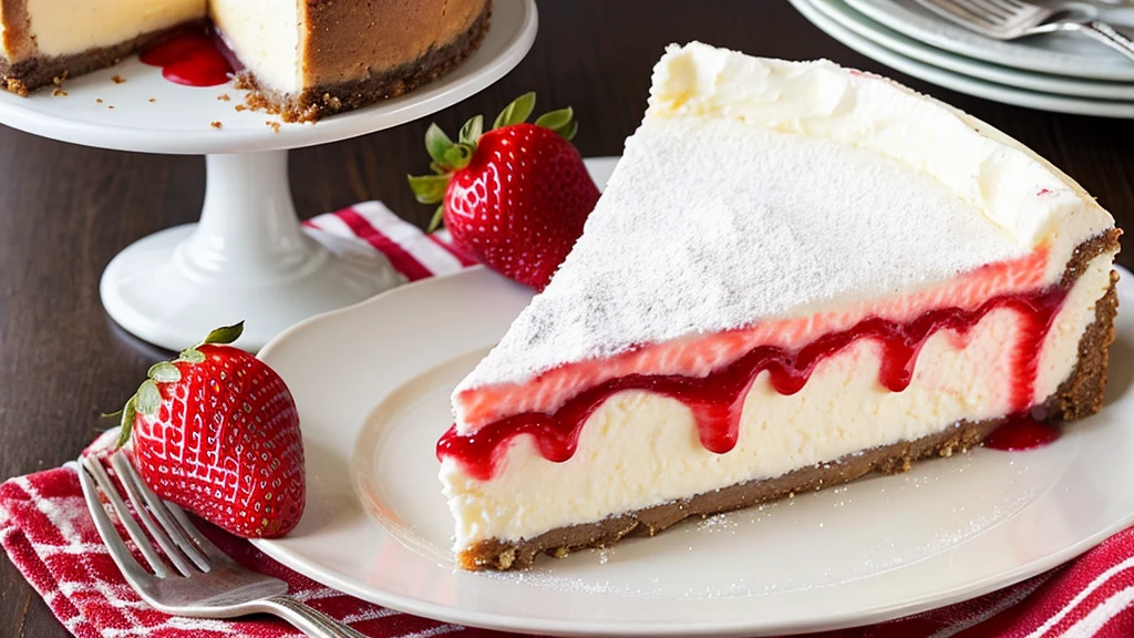 photorealistic image, trending on Pinterest, New York-style cheesecake adorned with a generous layer of strawberry compote and a dusting of powdered sugar