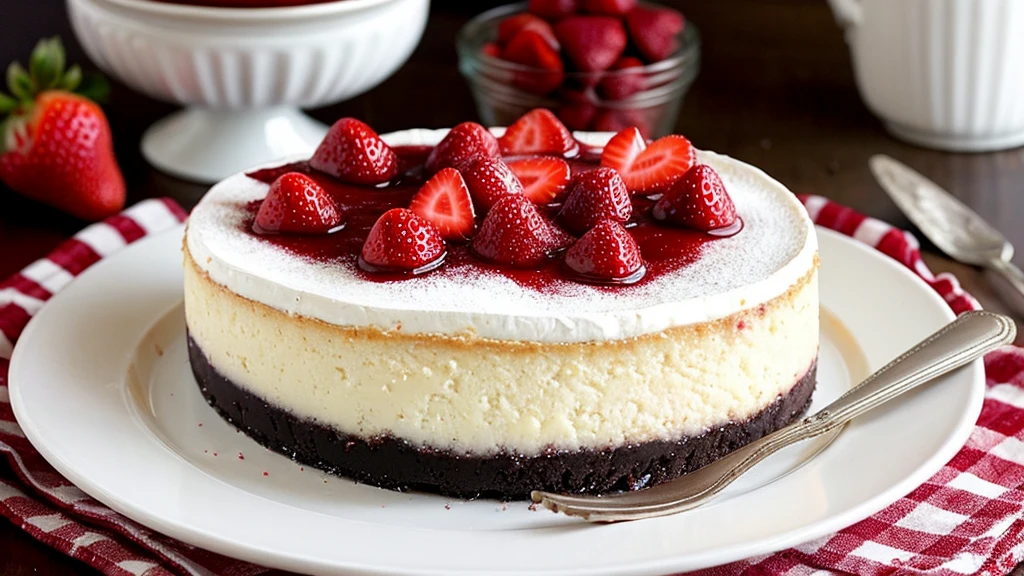 photorealistic image, trending on Pinterest, New York-style cheesecake adorned with a generous layer of strawberry compote and a dusting of powdered sugar