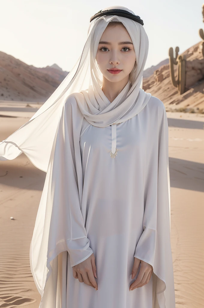 (((best quality))),(((ultra detailed))),(((masterpiece))),illustration,((A beautiful Muslim girl,solo)),((slim,thin,small breasts,flat chest)),summer,(in desert:1.3),white headscarf,(white abaya:1.3),slender legs,(arms behind back:1.2),radiant smile,fair complexion,sun rays,gentle breeze,elegant attire,vast expanse,golden sand,azure sky,dunes,stillness,graceful elegance,((from front,upper body)),