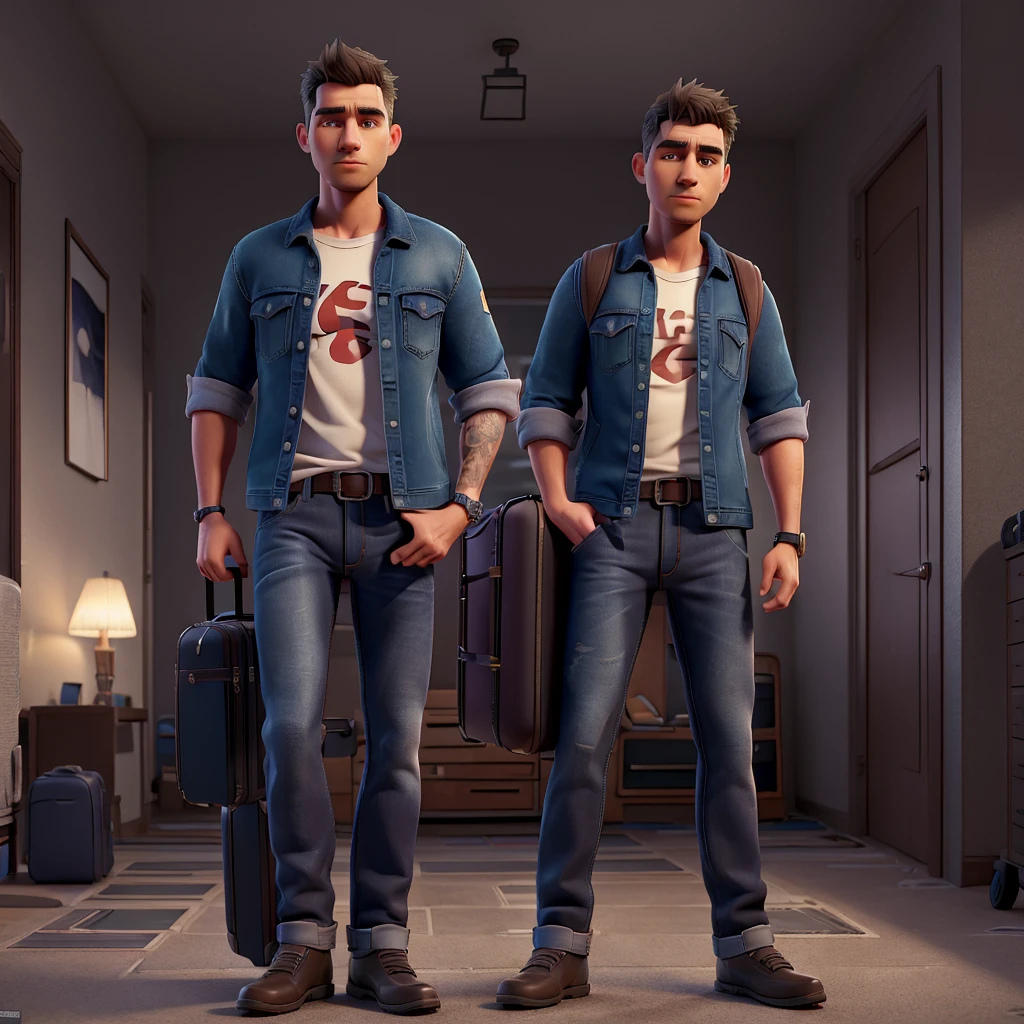 a man packing his belongings into a suitcase, man packing suitcase, man packing clothes into suitcase, man packing jeans and shirt into suitcase, detailed realistic portrait, hyperrealistic, cinematic lighting, dramatic shadows, moody atmosphere, photorealistic, high detail, 8k, best quality, intricate details, ultra detailed, photographic, hyper realistic, extremely detailed, crisp focus
