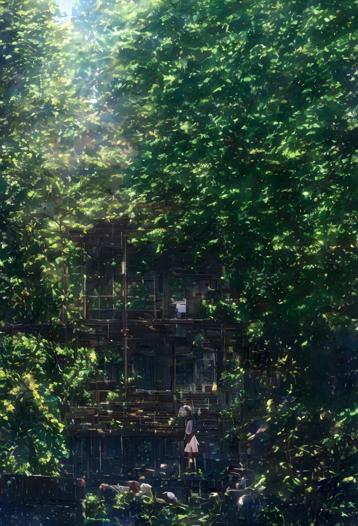A girl in a white dress，(Back)，(summer：1.2)，street，Urban greening，Blue sky and white clouds，Sunlight，tree shade，繁华的城市street，((whole body))，White，High heel，Hand and foot details，masterpiece，best quality，high resolution