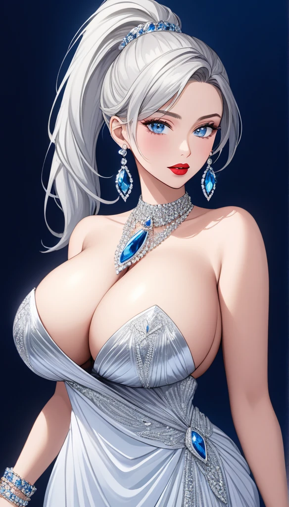 (masterpiece, best quality), intricate details, , a beautiful woman wearing earrings, inspired by Emma Andijewska, draped in crystals, silver color, long earrings, sandra chevier, huge earrings, 2019, blue-eyed, platinum jewellery, earring, flawless structure, silver earring, big breasts ,red lipstick, bracelet, necklace, ponytail,full body