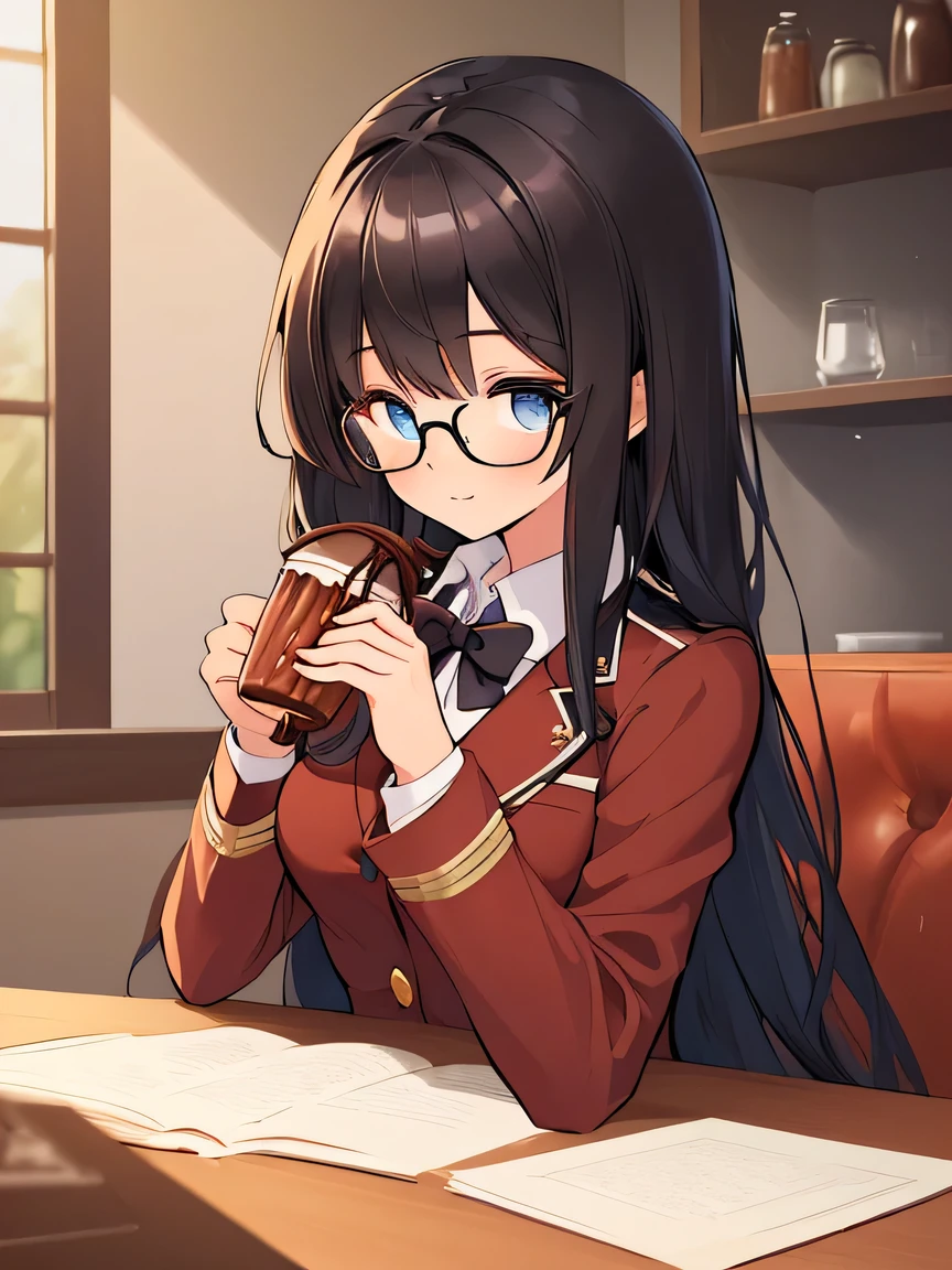 ((Masterpiece)), ((top quality)), very detailed, animated style illustration, kitchen, 1girl, cute girl, solo, upper body, face focus, blazer uniform, skirts, (beautiful eyes), beautiful black hair, long hair, slim, slender, glasses, medium breast, (holding a cup of Cocoa drink:1.4), looking at viewer, profile.