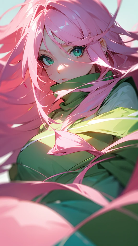 woman long light pink hair green eyes