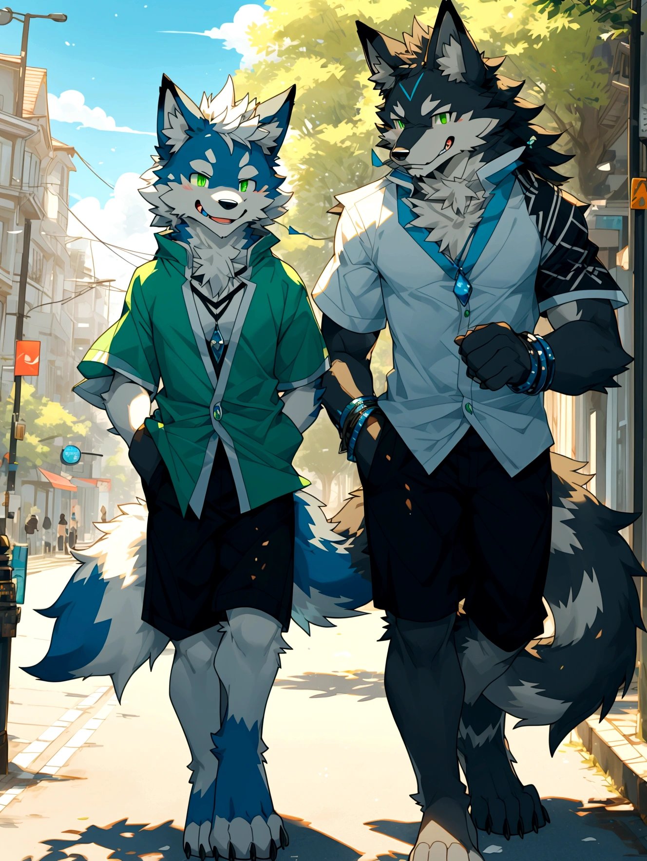 A boy and a boy walking down the street at afternoon,summer,sunny,anthro wolf,black fur,white fur,green eyes,blue eyes,wolf tail,smile,