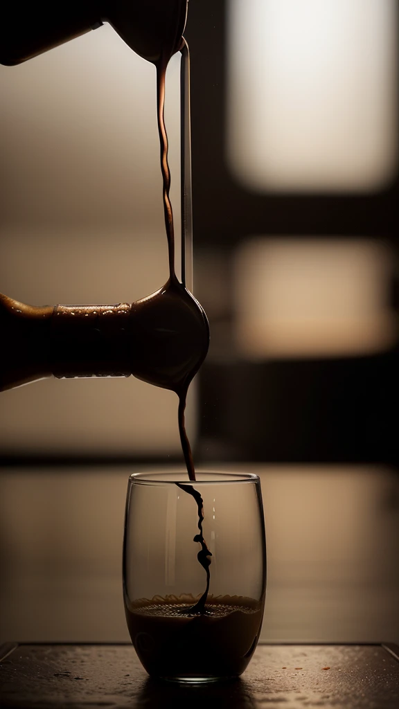 A stunning photorealistic image of coffee being poured into a drinking glass. As the coffee is being poured, it vaguely resembles the silhouette of the female form in the glass.