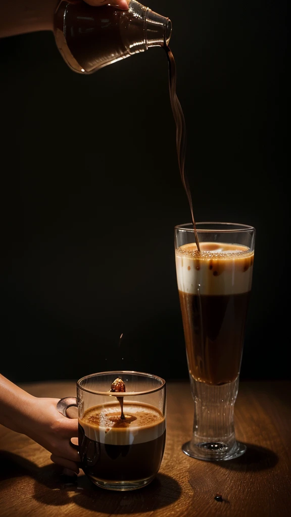 A stunning photorealistic image of coffee being poured into a drinking glass. As the coffee is being poured, it vaguely resembles the silhouette of the female form in the glass.