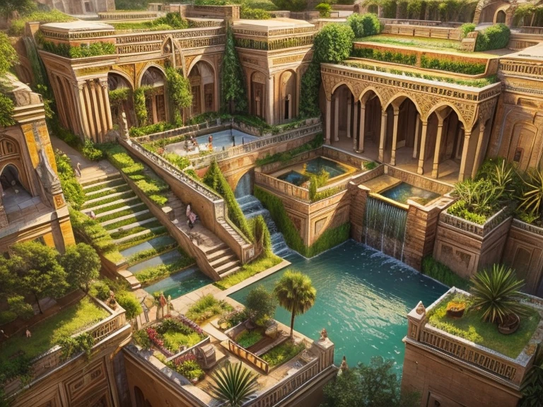 Masterpiece, imagine a highly detailed, vibrant illustration of the Hanging Gardens of Babylon, one of the Seven Wonders of the Ancient World. The scene should showcase the lush, terraced gardens filled with a variety of exotic plants, flowers, and trees, cascading down the multi-leveled structure. Include intricate architectural elements such as stone columns, ornate balconies, and water features like waterfalls and flowing streams that nourish the greenery. The setting is the bustling capital of the Neo-Babylonian Empire, with King Nebuchadnezzar II overseeing the gardens. The sky is clear, with the sun casting a golden glow, highlighting the grandeur and splendor of this ancient wonder. The backdrop includes glimpses of the majestic city walls and other iconic Babylonian structures, 16K, ultra high res.photorealistic, UHD, RAW, DSLR, sharp focus, wide angle, natural lighting